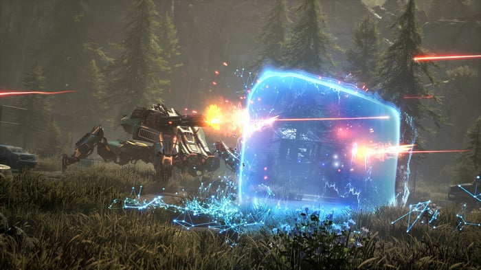 Steel Hunters Robot in Combat with Energy Shield