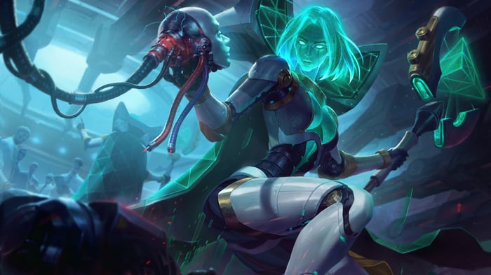 LeBlanc from League of Legends holding a robotic head