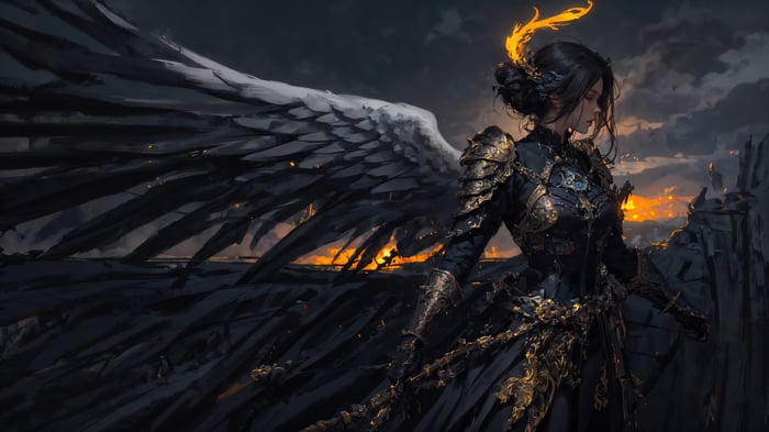 Fantasy Warrior Girl with Black Wings and Armor 4K