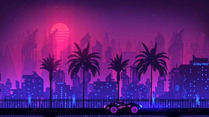 Retro Cityscape with Palm Trees and Car 4K