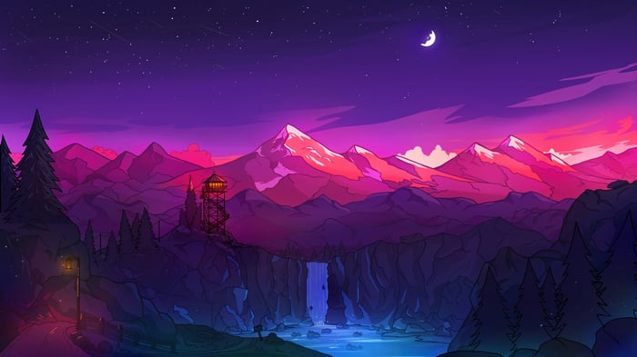 Digital Art of Mountains, Waterfall, and Fire Lookout at Night