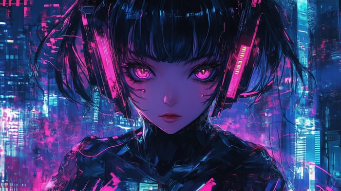 Cyberpunk Anime Girl with Pink Eyes and Headphones