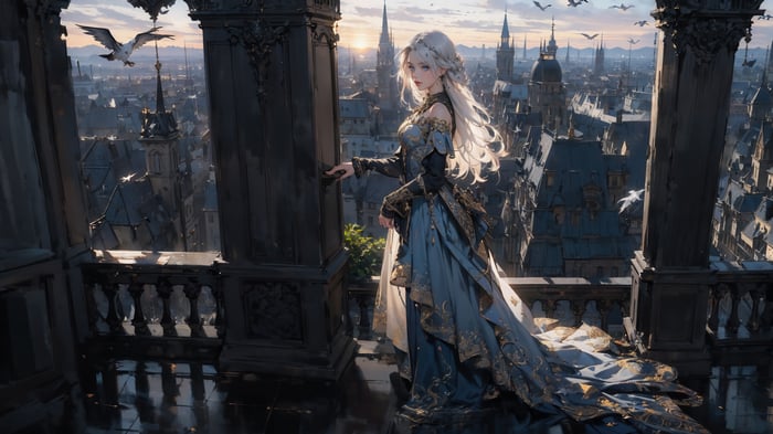 Fantasy Princess in a Blue Dress Overlooking a City