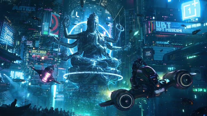 Cyberpunk City with Buddha Statue and Flying Vehicles 4K