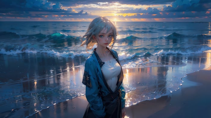 Anime Girl on a Beach at Sunset 4K