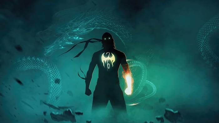 Iron Fist with glowing fist and dragon symbols 4K