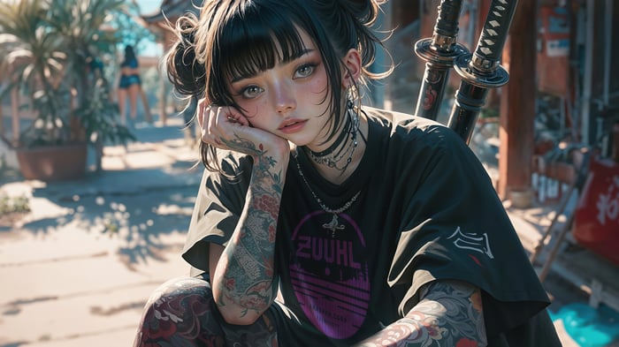 Anime Girl with Tattoos and Katanas 4K