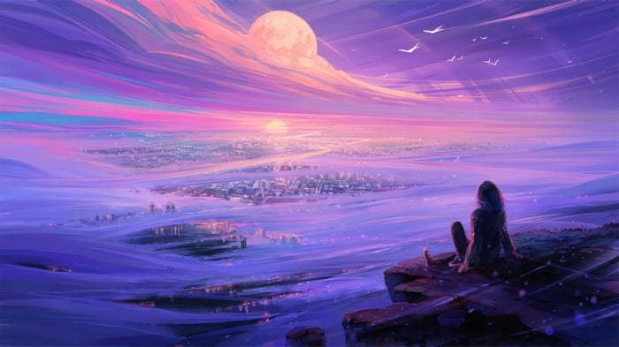 Girl watching sunset over city 4K