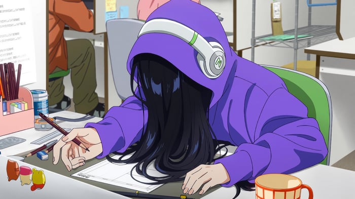 Anime girl with headphones sleeping at desk