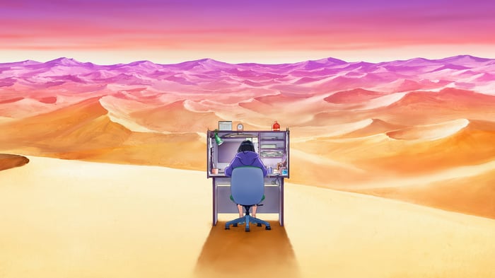 Natsuko Hirose at a desk in a desert landscape 4K