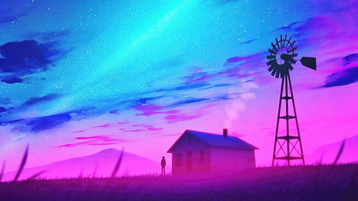 Digital Art of a House and Windmill under a Starry Sky 4K