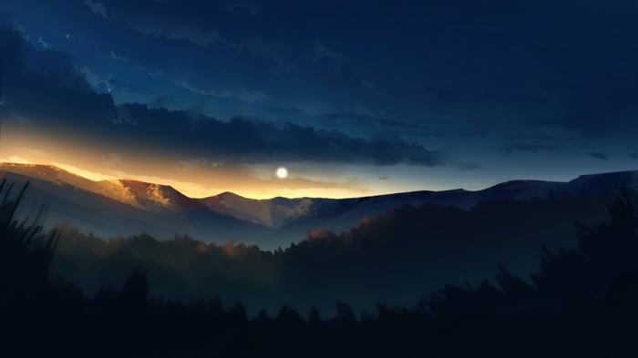 Sunrise over mountains with clouds and moon