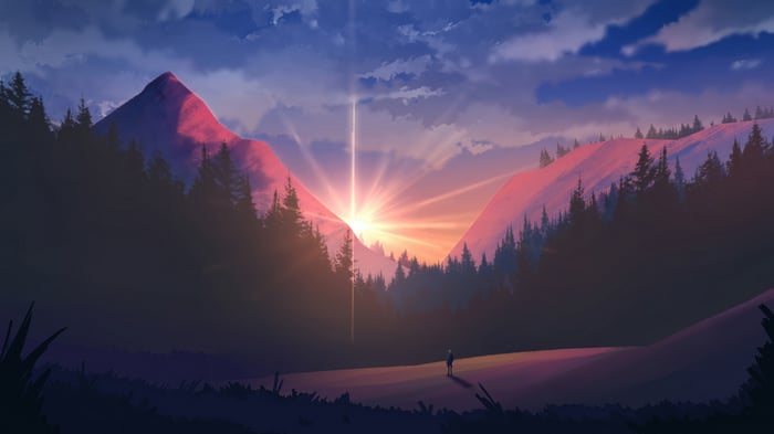 Sunrise over mountains with a lone figure