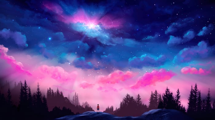 Digital Art of a Starry Night Sky over a Forest