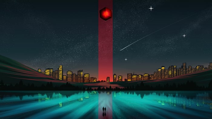 Cityscape at Night with Red Beam and Stars 4K