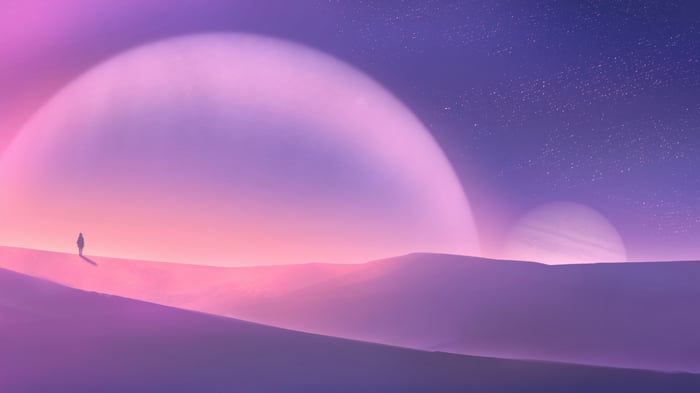 Digital Art of a Person in a Desert Under Two Planets