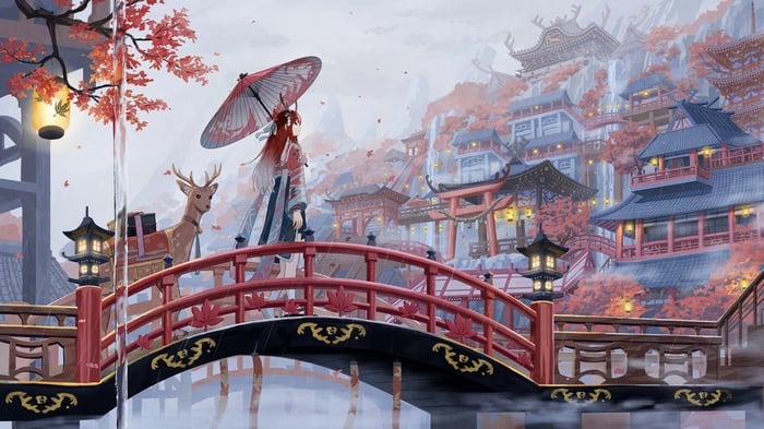 Anime girl with deer on a bridge in a Japanese castle town