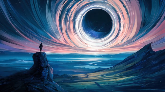 Man on cliff overlooking black hole and landscape 4K