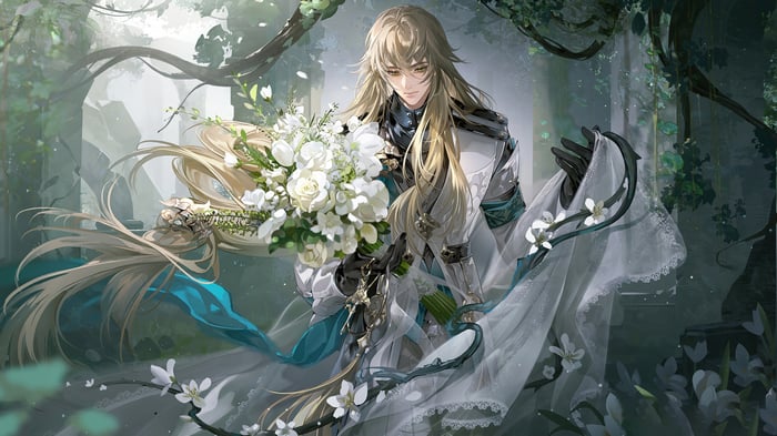 Luocha from Honkai: Star Rail holding a bouquet