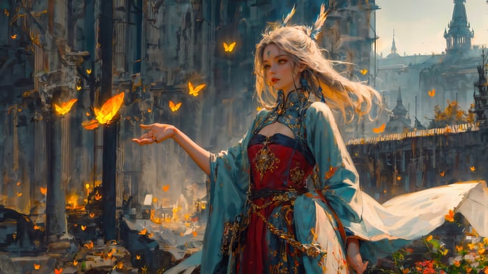 Fantasy Girl with Butterflies in Ancient Ruins 4K