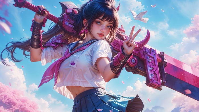 Anime Girl with Sci-Fi Sword in School Uniform 4K