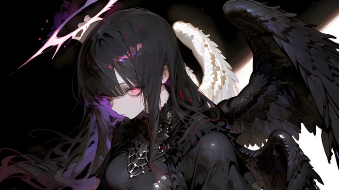 Anime Girl with Black Wings and Red Eyes 4K