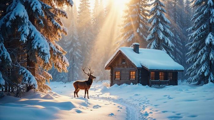 Winter forest cabin with deer and sun rays 4K