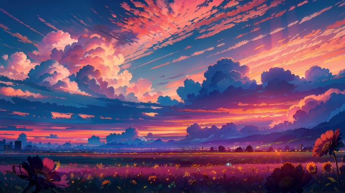 Sunset over a field of flowers with city in the distance