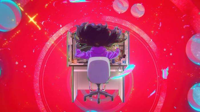 Anime girl with black hair at a desk, 4K