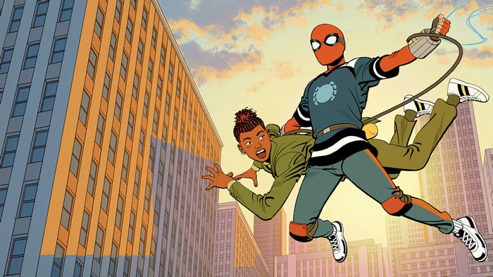 Spider-Man saving a young woman in the city 4K
