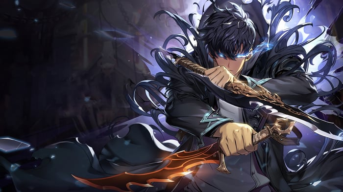 Sung Jin-Woo with glowing blue eyes and swords