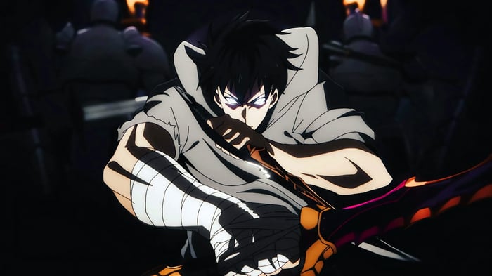 Sung Jin-Woo with glowing eyes and a sword