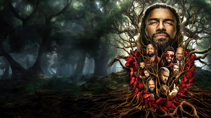 WWE 2K25 Roman Reigns and wrestlers in forest
