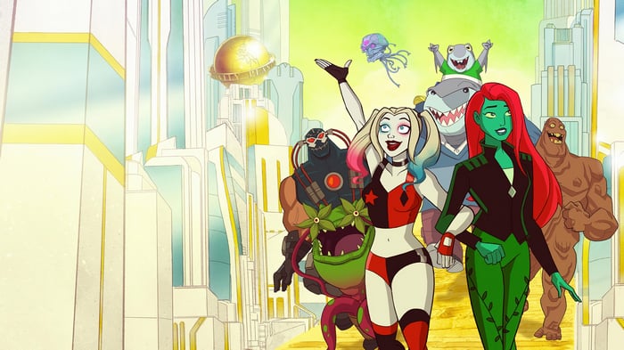 Harley Quinn and friends in a futuristic city 4K