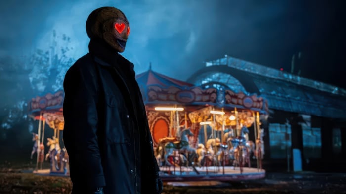 Horror movie killer with heart eyes mask