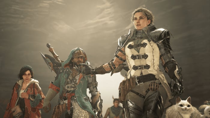 Monster Hunter Wilds characters and a cat