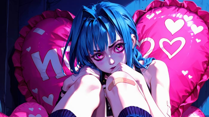 Jinx from Arcane with Pink Heart Pillows 4K