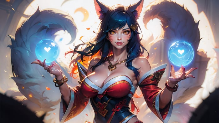 Ahri from League of Legends holding magic orbs