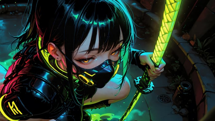 Anime girl with katana and mask in 4K