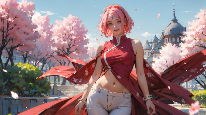 Sakura Haruno in a red outfit with cherry blossoms