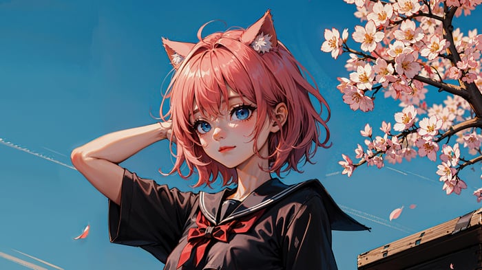 Anime Girl with Pink Hair and Cat Ears by Cherry Blossoms 4K