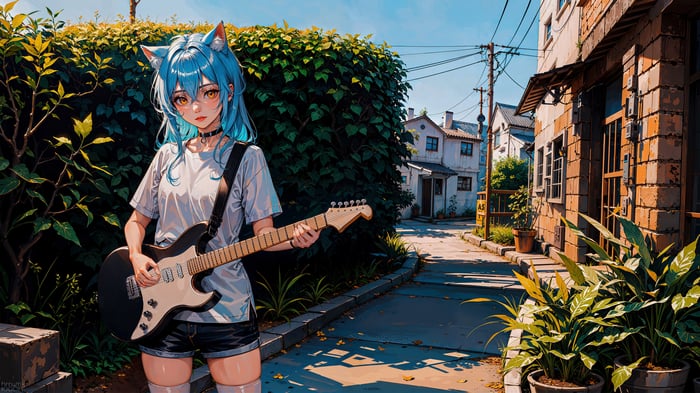 Anime Girl with Blue Hair and Guitar