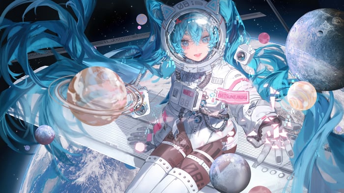 Hatsune Miku Astronaut in Space with Planets 4K