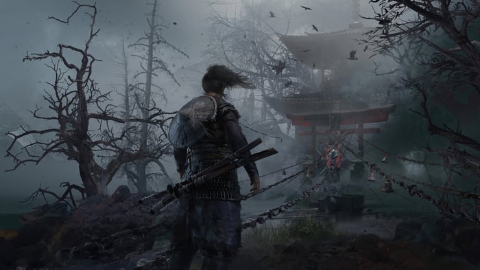 Samurai Warrior in a Foggy Forest with Torii Gate