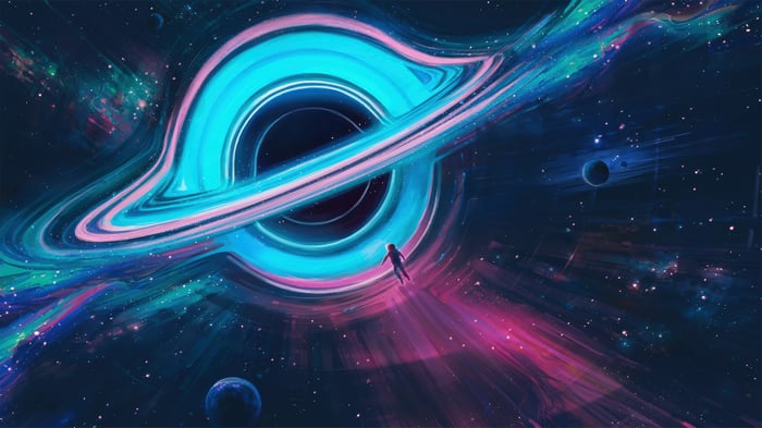 Astronaut floating near a colorful black hole in space 4K