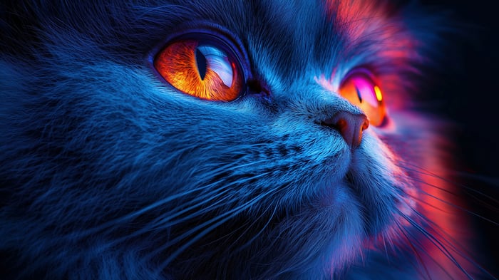 Close-up of a cat's face with glowing eyes