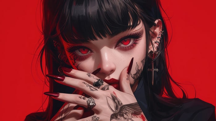 Anime Girl with Red Eyes and Tattoos 4K