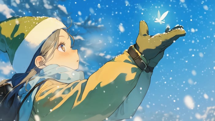 Anime girl in winter with a glowing butterfly