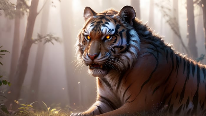 Tiger in a misty forest, digital art, 4K