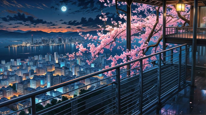 Night Cityscape with Cherry Blossoms and Moon